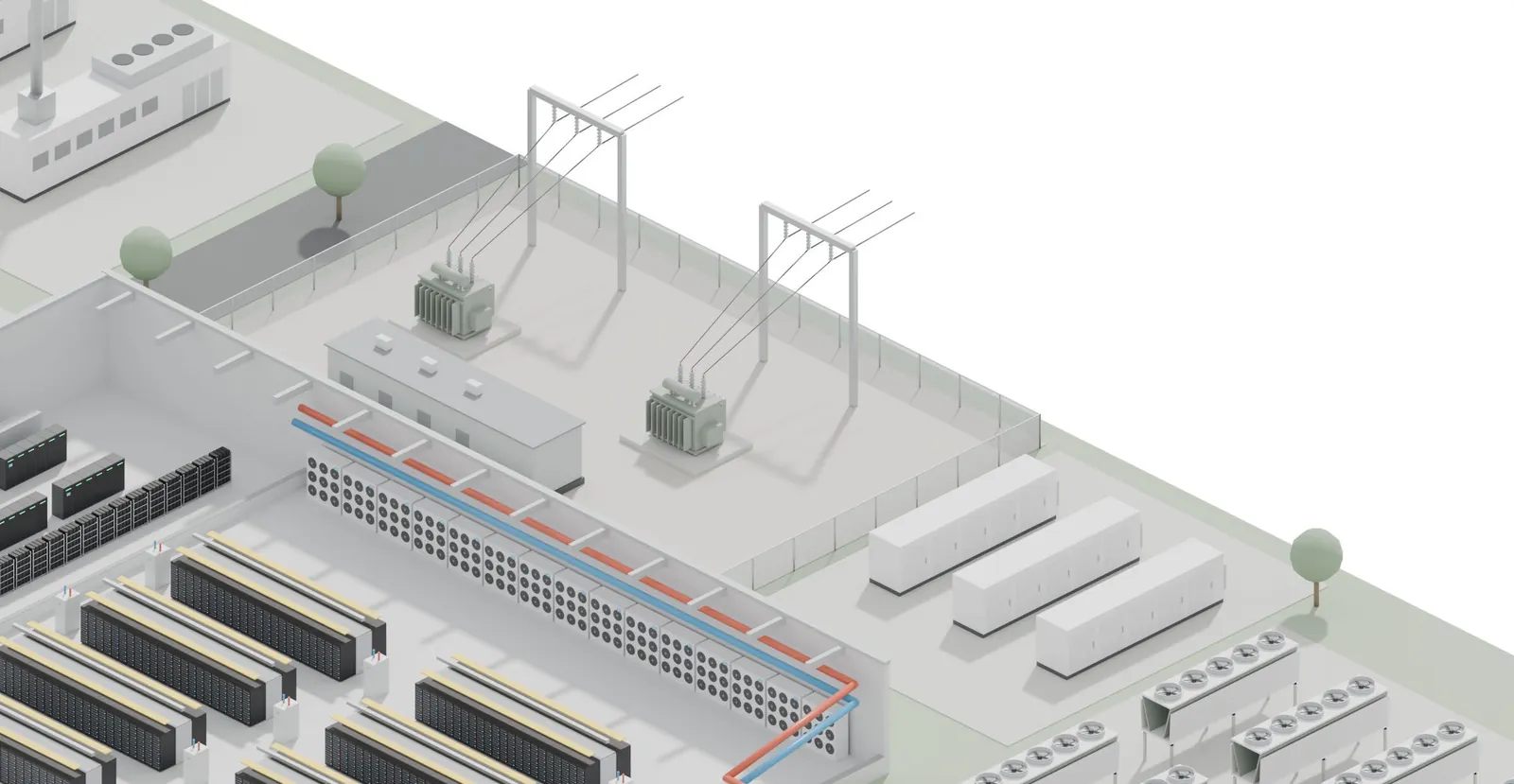 Power distribution zone, with grid transformers, switchgear and battery storage
