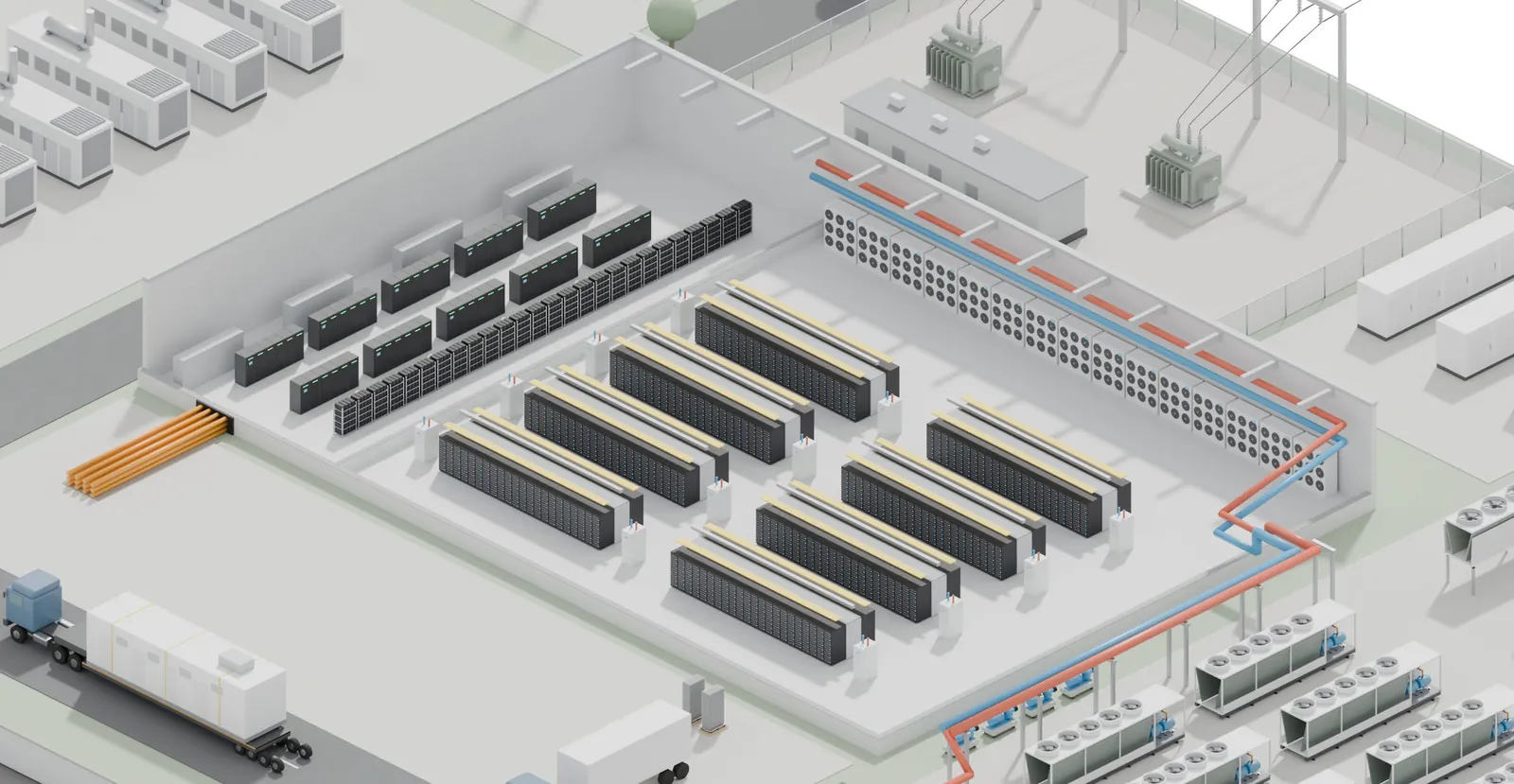 Data hall zone, with liquid-cooled racks, CDUs and fan walls