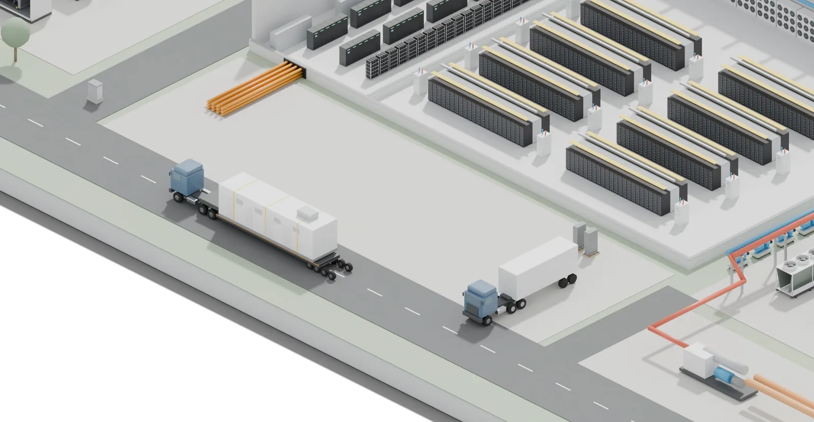 Build and logistics zone, with module transport and building cable entry